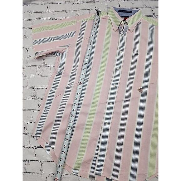 Vintage Tommy Hilfiger Shirt Mens Medium Crest Striped Short Sleeve Button Up - Picture 6 of 7